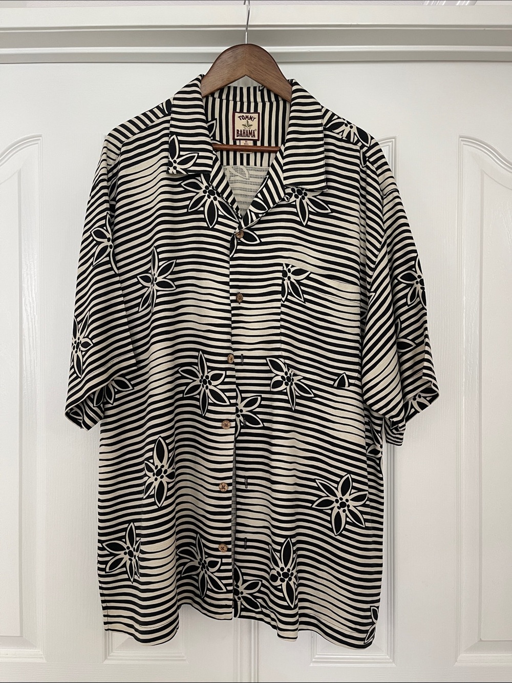 Tommy Bahama Silk Black & White Striped Floral Button-Up Camp Shirt